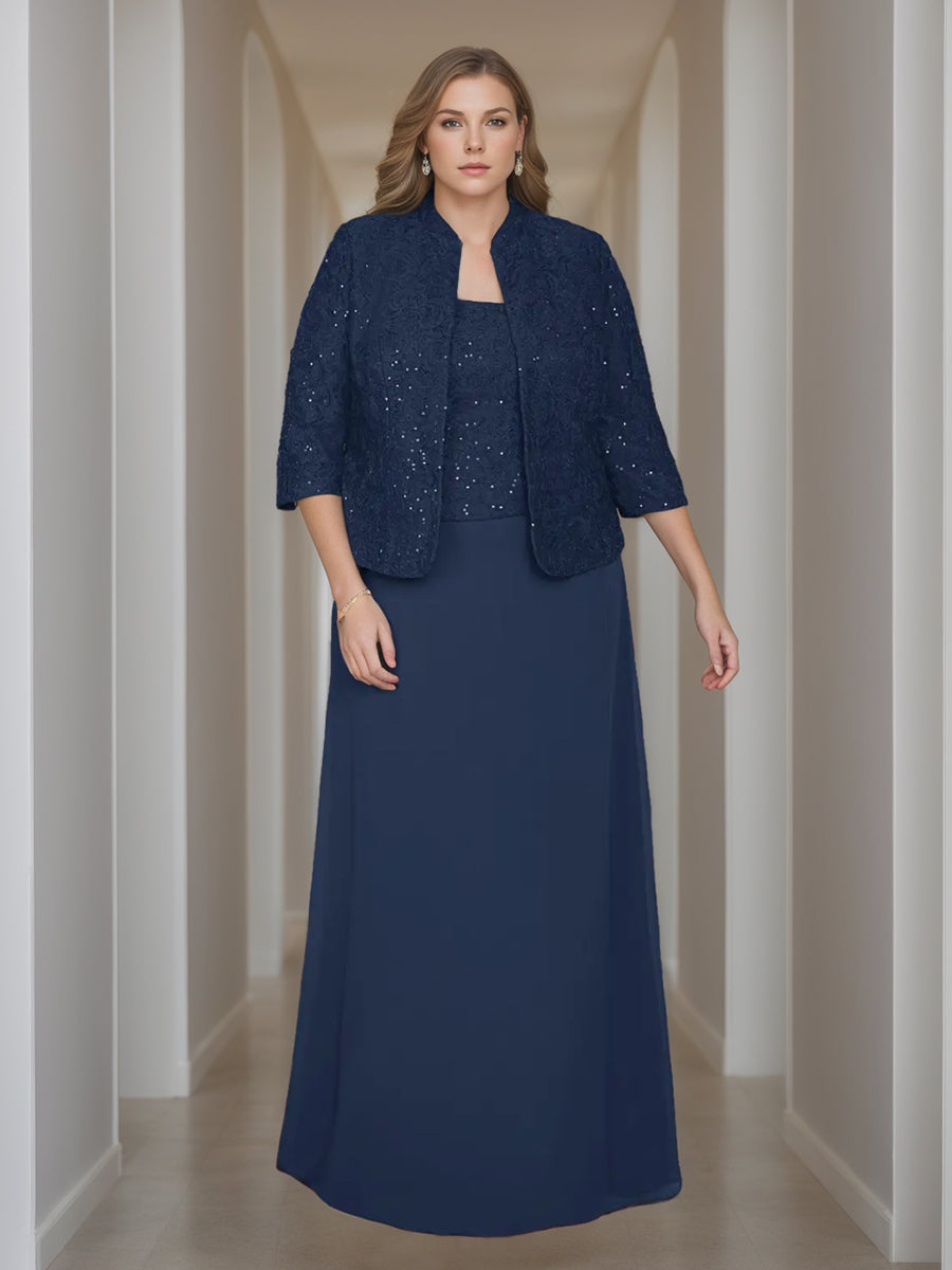 2-Piece Square Neck 3/4 Sleeve Floor-Length Mother of the Bride Dress Set with Jacket Lace & Sequins 2-Piece Square Neck 3/4 Sleeve Floor-Length Mother of the Bride Dress Set with Jacket Lace & Sequins
