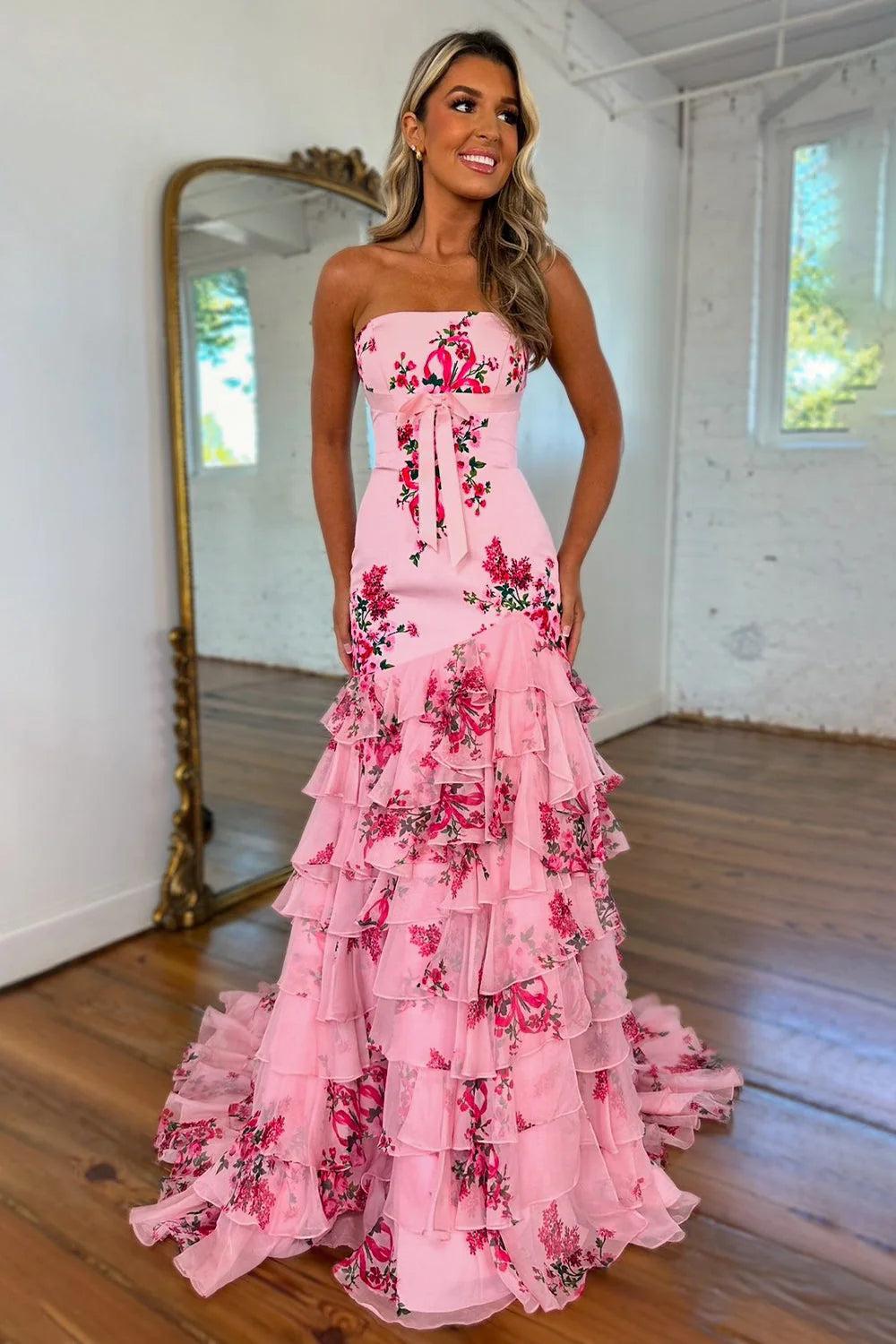mermaid flower dress Dahlia Pink Floral Lace Mermaid Gown (Archive Sale)