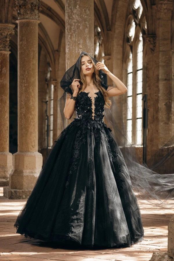 sheer black wedding dress Black Ball Gown Wedding Dress Off Shoulder Deep V Sheer Corset 3D Floral Lace Gothic Chapel Train