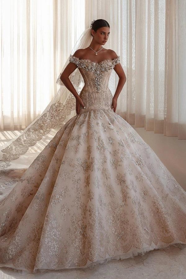 glitter champagne dress Champagne Glitter Lace Ball Gown Wedding Dress Off-the-Shoulder Crystal  Pearl Beaded Baroque Damask Cathedral Train