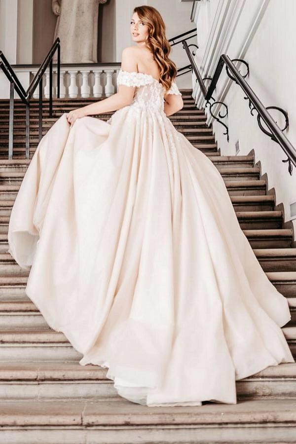 cathedral train wedding dress Champagne Satin Ball Gown Wedding Dress Off-the-Shoulder 3D Floral Cap Sleeve Flower Appliqué Cathedral Train