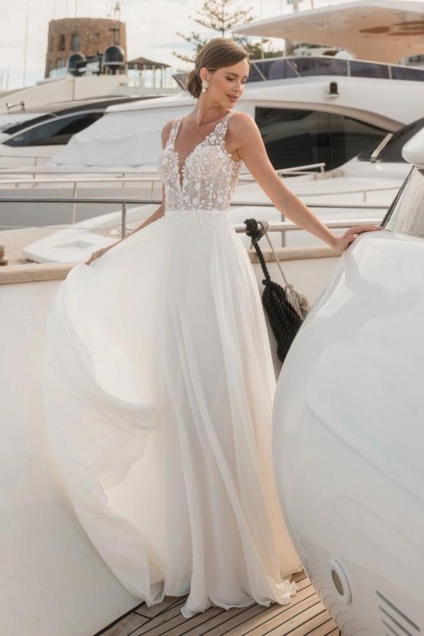 flowing a line wedding dresses Chic A-Line Wedding Dress with Plunge Neckline and Flowing Train Plus Size Size 8