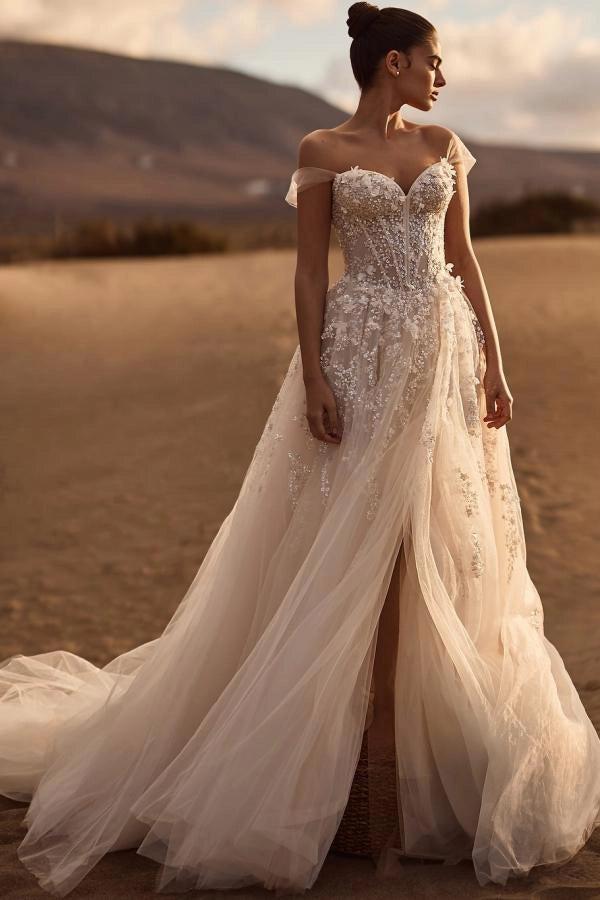 Ivory A-Line Wedding Dress Off Shoulder Sweetheart Sheer Boned Corset 3D Floral Beaded Tulle High Slit Bridal Gown with Chapel Train