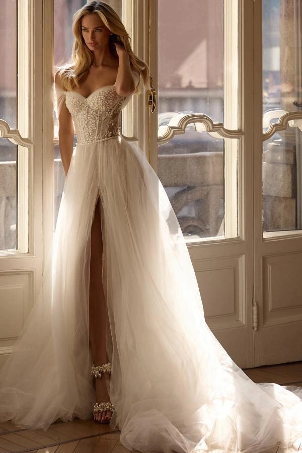 Ivory A-Line Wedding Dress Off Shoulder Sweetheart Sheer Boned Corset Floral Lace High Slit