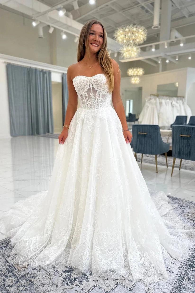 strapless ivory lace dress A-Line Wedding Sweetheart Illusion Beaded Boned Corset Detachable Off-Shoulder Sleeves Pearl Button Back Cathedral Train vintage bohemian boho wedding dress