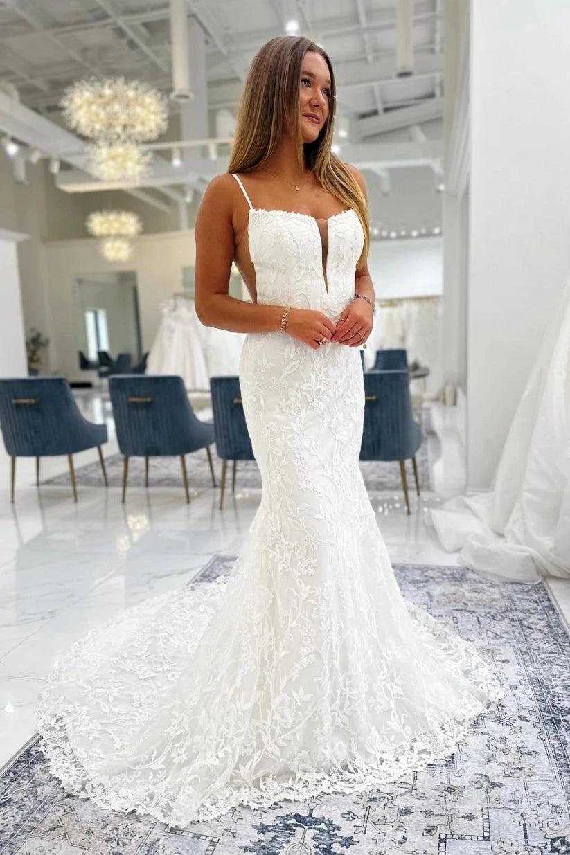 3d leaves applique lace v-neck wedding dress Ivory Mermaid Spaghetti Straps Deep Illusion Bodice Leaf Open Back Chapel Train Bridal Gown supercharger Butter Yellow Embroidered Midi Will I be required Color:Milk