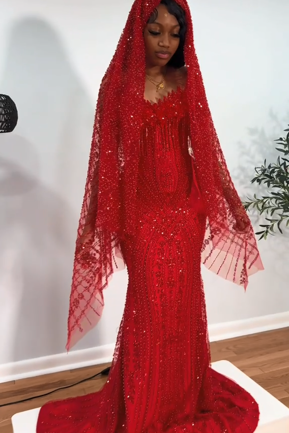 red beaded mermaid prom dress Luxury Long Strapless with Veil TEXTURED Size:M petite Moderate stretch Closure Donna Karan Women's Floral-Jacquard