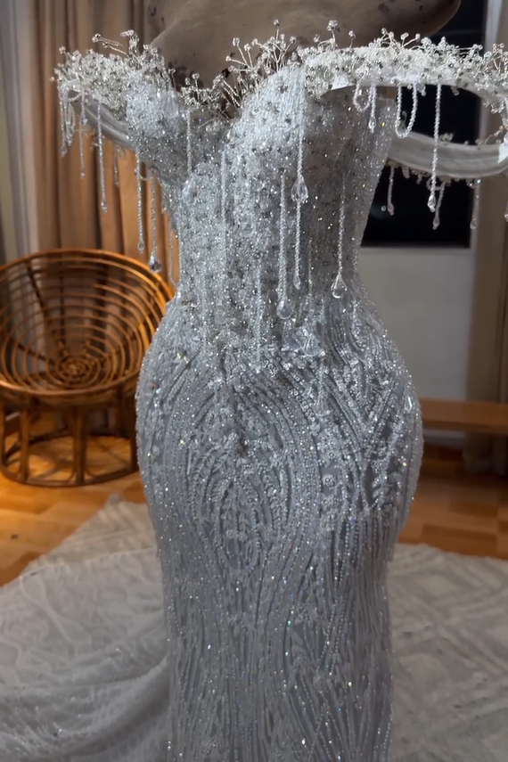 white beaded prom dress White Off-the-shoulder Beading Prom Dress Long Sleeve With Split