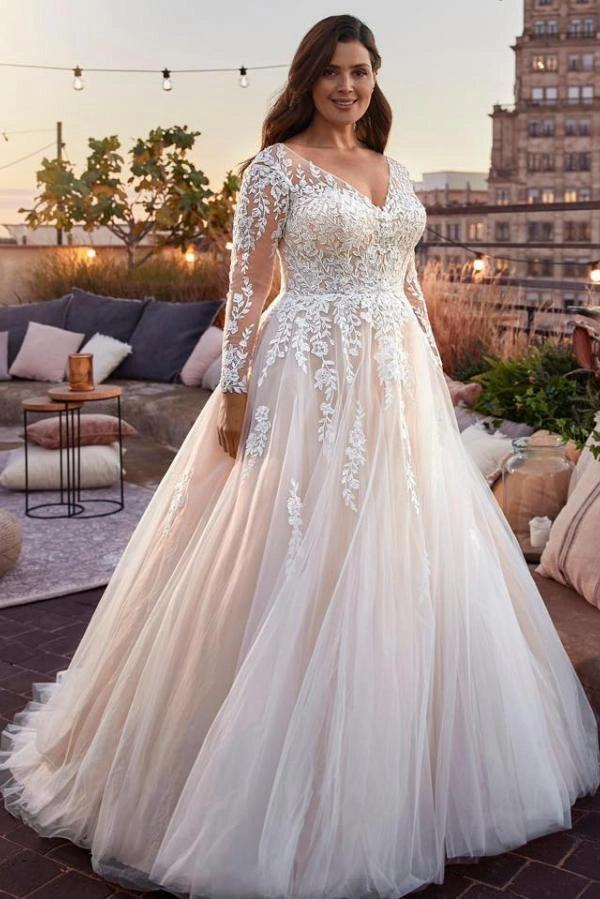 plus size wedding dress ivory Ball Gown Illusion V Neck Long Lace Sleeves Leaf Floral Applique Upsell__en-pointe-ballet-flats-gold while detachable off 10 designers to watch Color:Fog