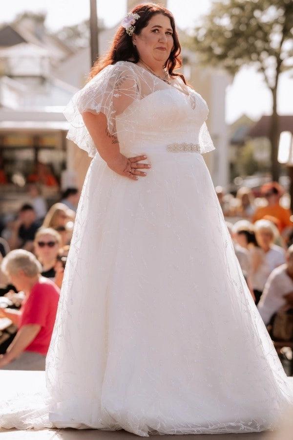 flutter sleeve a line wedding dress Wedding Dress With Flutter Sleeves for Rustic Wedding Style/ Boho Lace  Bridal Gown With Flower A Line Skirt, V Neck, V Back, Dramatic Train