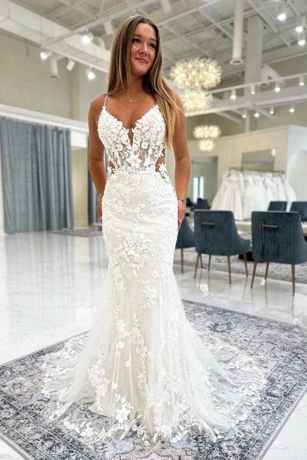 floral lace applique spaghetti-strap wedding dress Andrea and Leo -WL063 Floral V-Neck Bridal Gown 8 / OFF WHITE-NUDE
