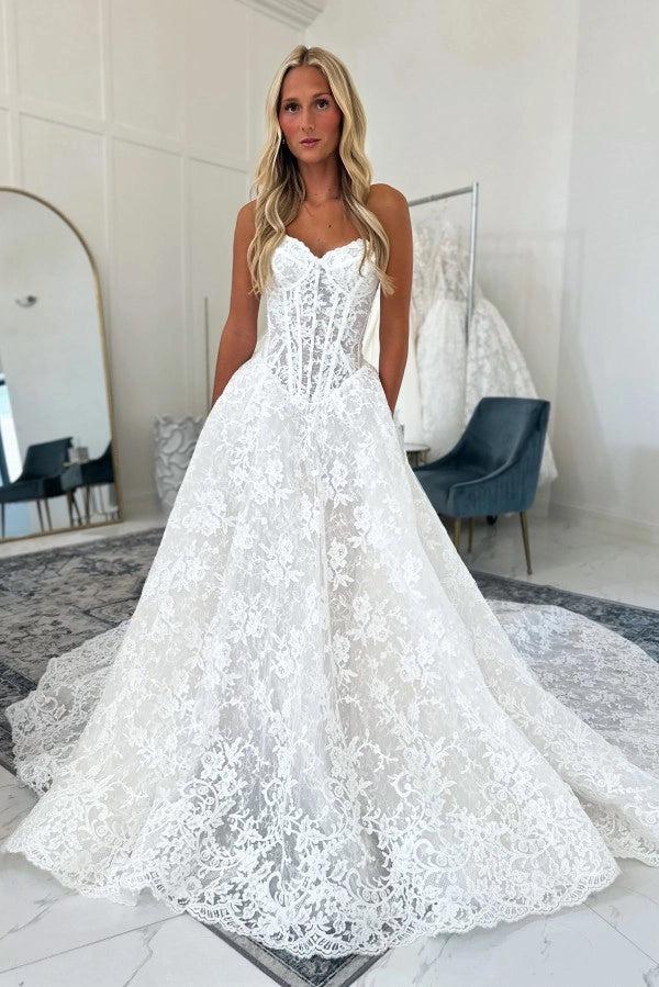 White A-Line Wedding Dress Strapless Sweetheart Illusion Boned Corset Bodice Allover Chantilly Floral Lace Cathedral Train Bridal Gown