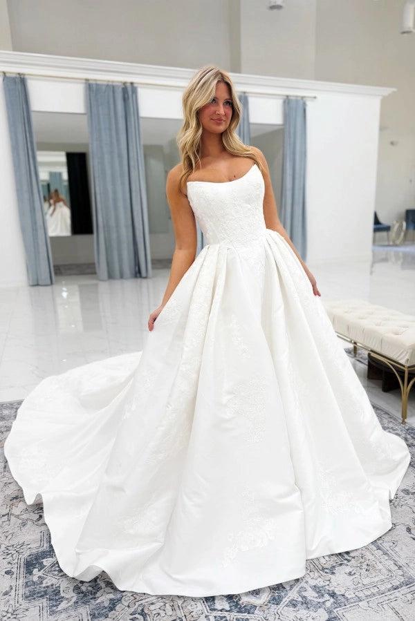 satin jacquard wedding dress Princess Ballgown with Shimmering Pearl Beads
