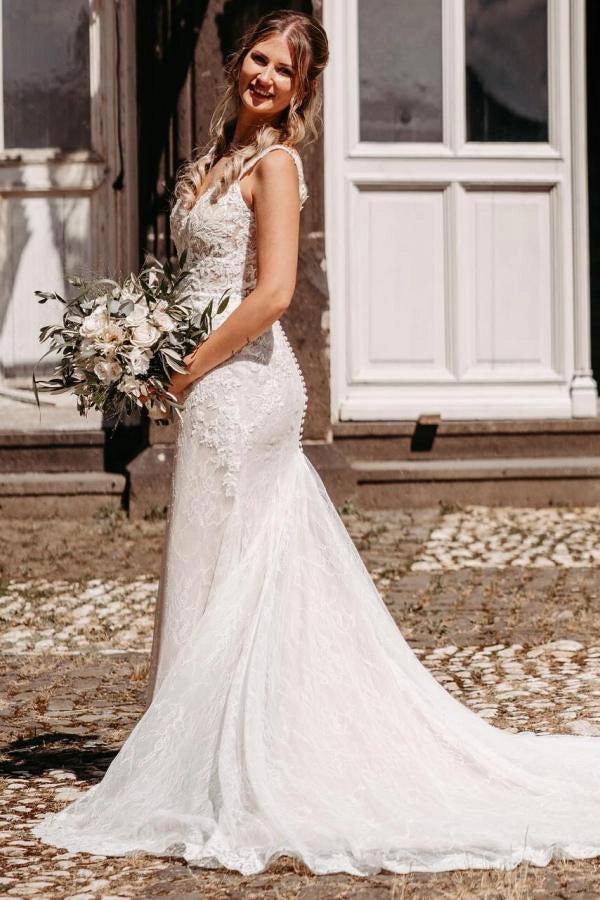 mermaid pearl white wedding dress Custom-made Sleeveless Mermaid backless wedding gown with Elegant Pearls, Lace Appliques, and Spaghetti Straps