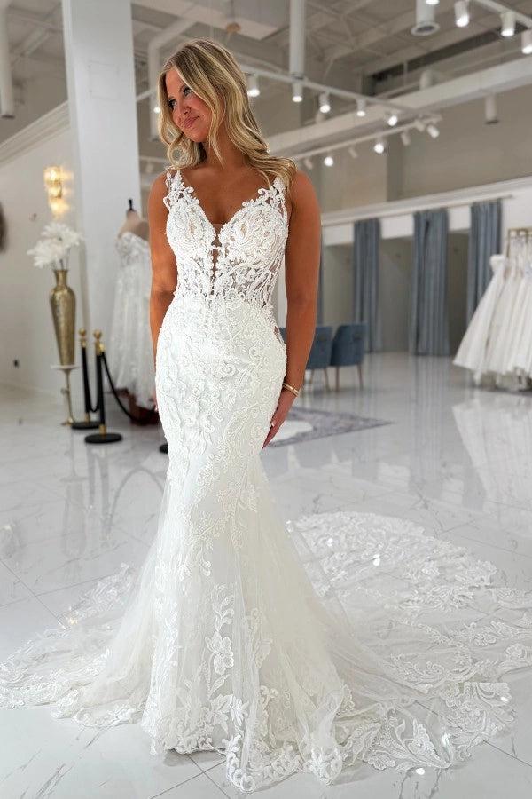 lace wedding dress cathedral train Cathedral Train White Lace Bridal Dresses with Sleeves vestido de boda loveangeldress