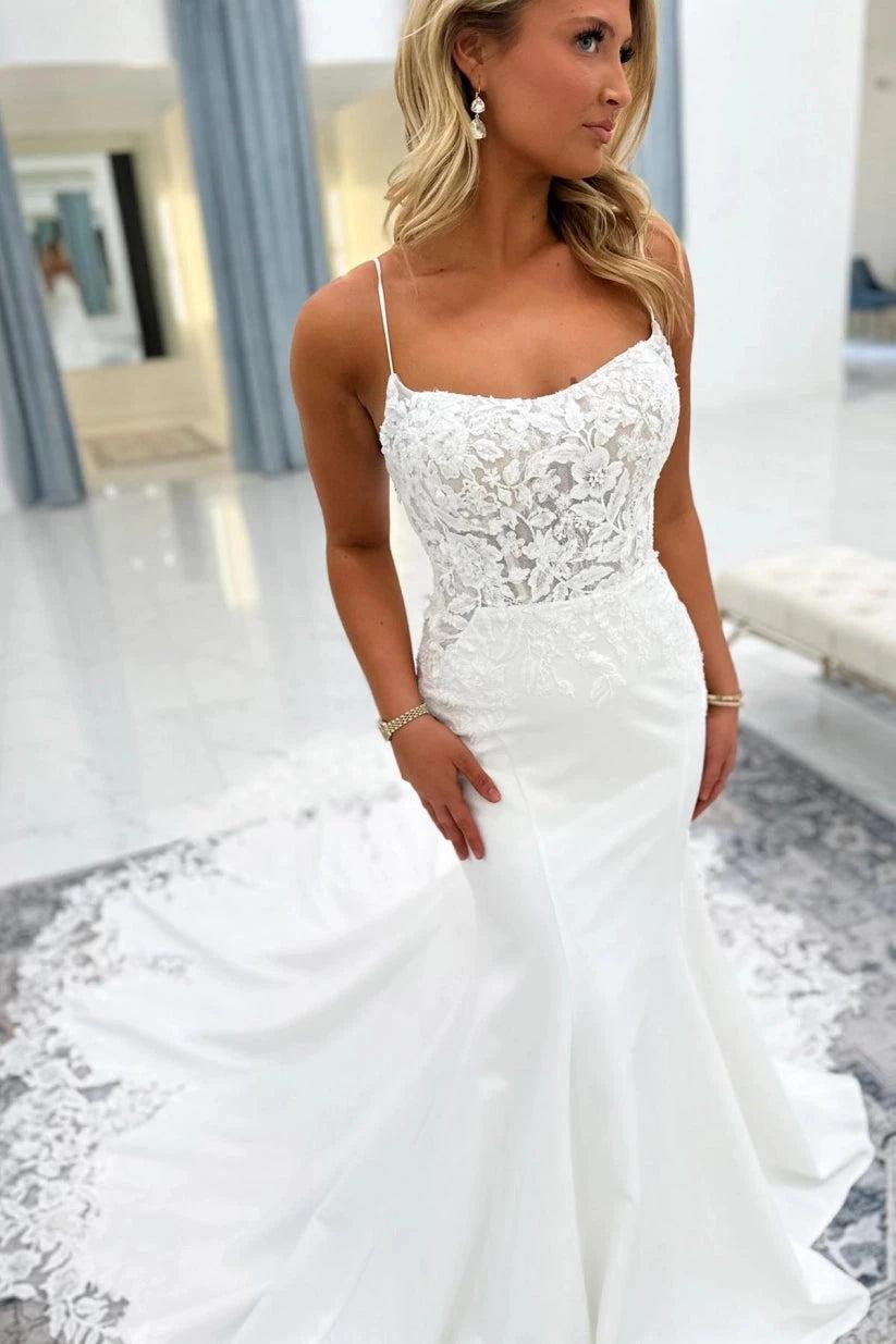 White Satin Mermaid Wedding Dress Spaghetti Straps 3D Floral Lace Applique Bodice Open Back Pearl Button Cathedral Train