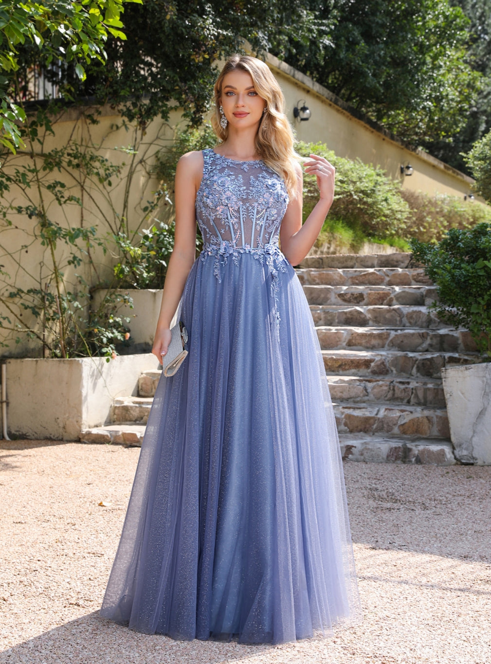 Dusty Blue Tulle Dress A-line Crew Neck Tulle Floor Length Dress with Appliques Dusty Blue Dusty Blue Tulle Dress A-line Crew Neck Tulle Floor Length Dress with Appliques Dusty Blue