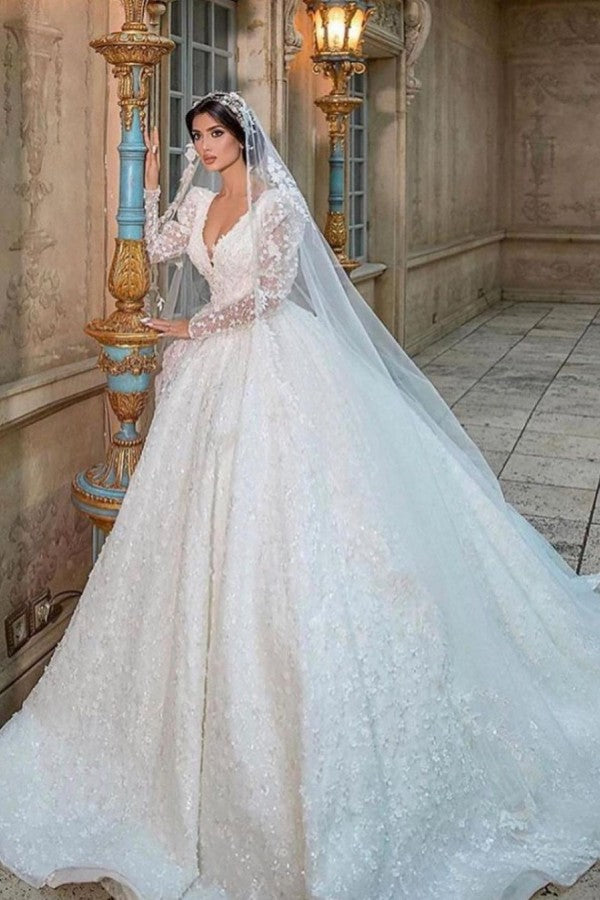 A-Line Deep V-neck Appliques Lace Long Sleeve Train Wedding Dress A-Line Deep V-neck Appliques Lace Long Sleeve Train Wedding Dress