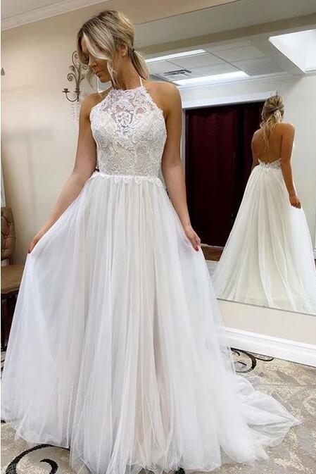 A-Line Halter Tulle Lace Backless Beach Wedding Dress