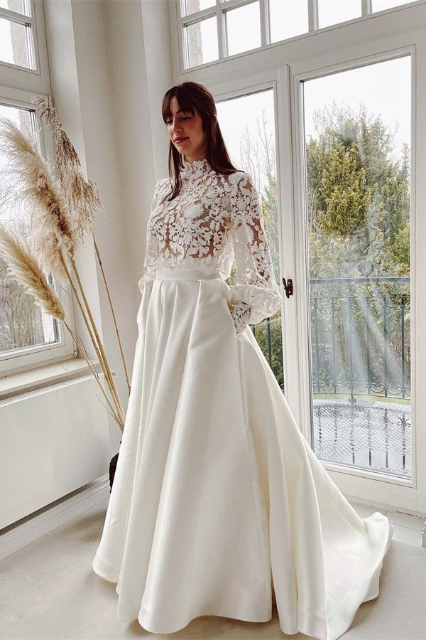 A-line High Neck Satin Lace Wedding Dress with Pockets A-line High Neck Satin Lace Wedding Dress with Pockets