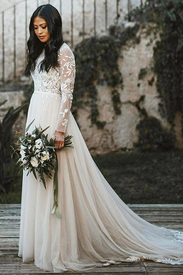 A-line Lace Long Sleeve Scoop Sweep Train Wedding Dress A-line Lace Long Sleeve Scoop Sweep Train Wedding Dress