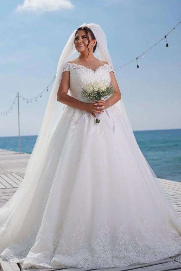 off the shoulder cap sleeve wedding dress A-line Off-Shoulder Tulle Lace Wedding Dress with Cap Sleeves