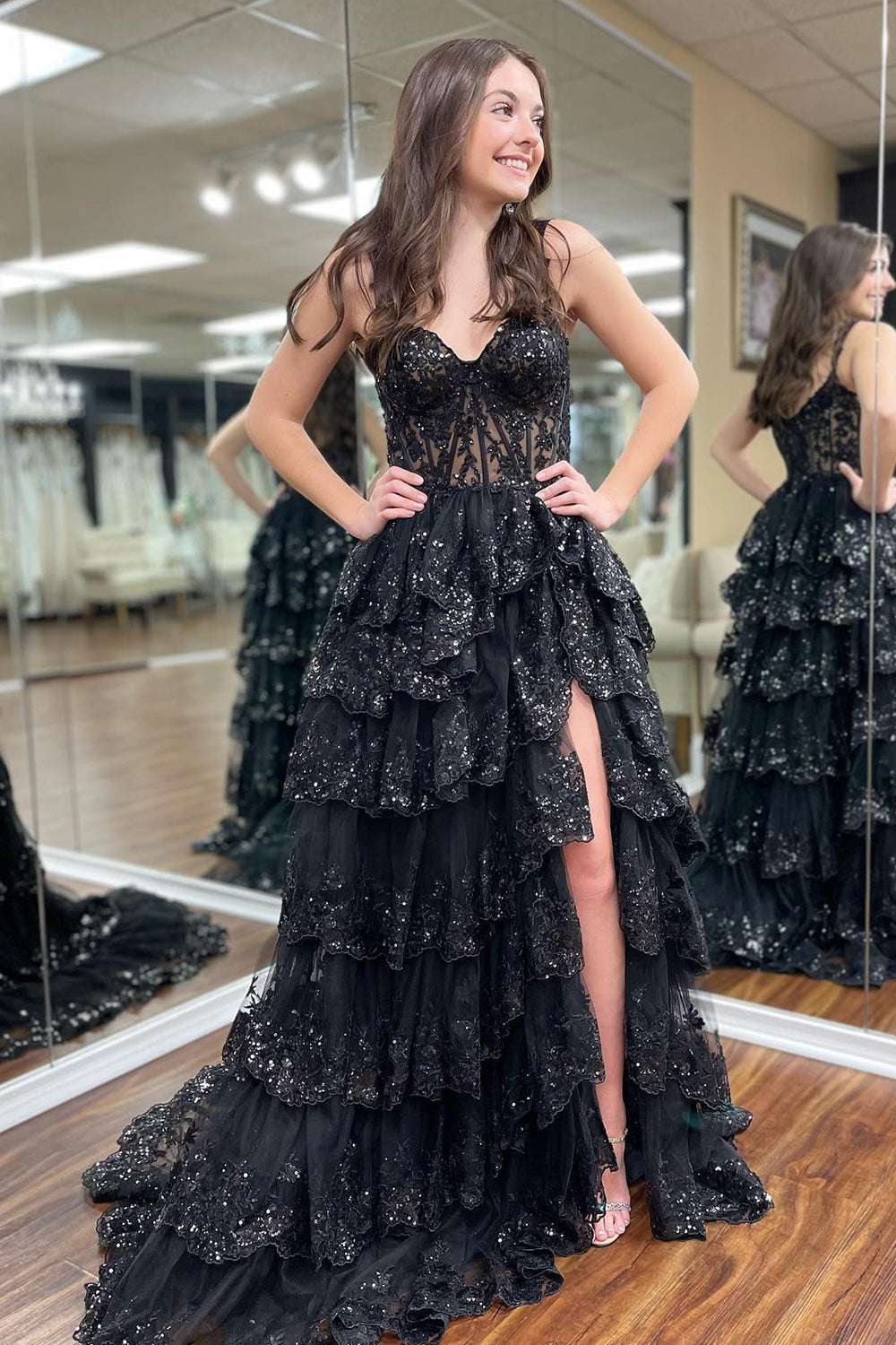 A Line Off the Shoulder Black Corset Prom Dress with Lace Ruffles