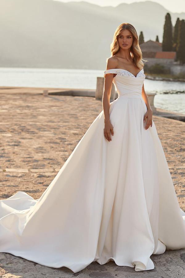 A-line Off the Shoulder Ruched Satin Wedding Dress with Crystals A-line Off the Shoulder Ruched Satin Wedding Dress with Crystals