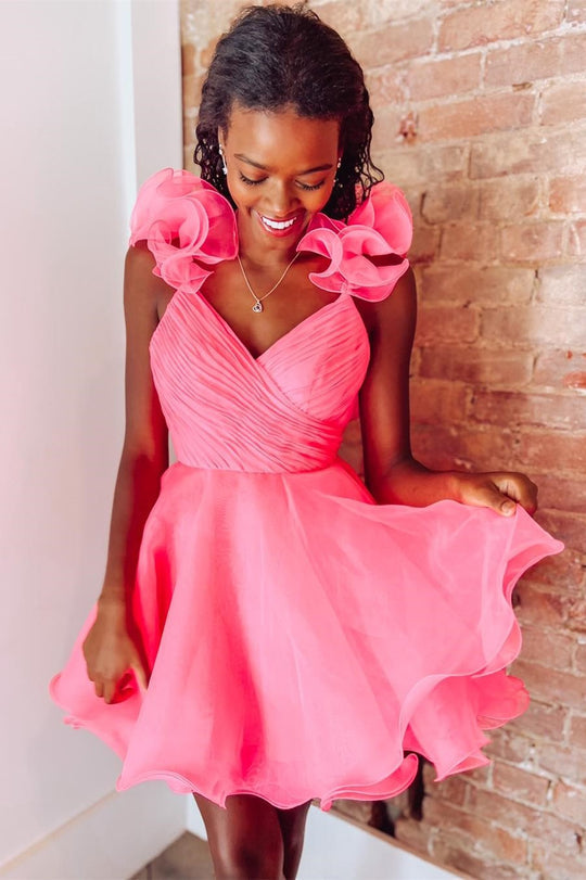 pink v neck homecoming dress Nerissa A-Line Organza V-Neck curvy sewing