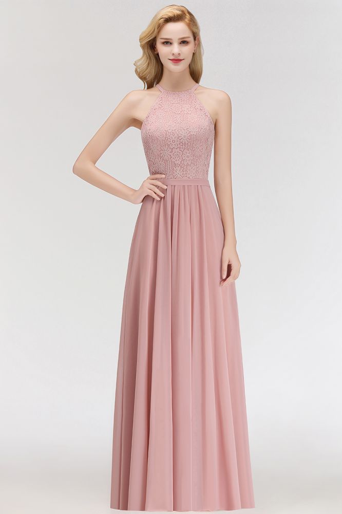 A-line Sleeveless Halter Long Lace Chiffon Bridesmaid Dress A-line Sleeveless Halter Long Lace Chiffon Bridesmaid Dress