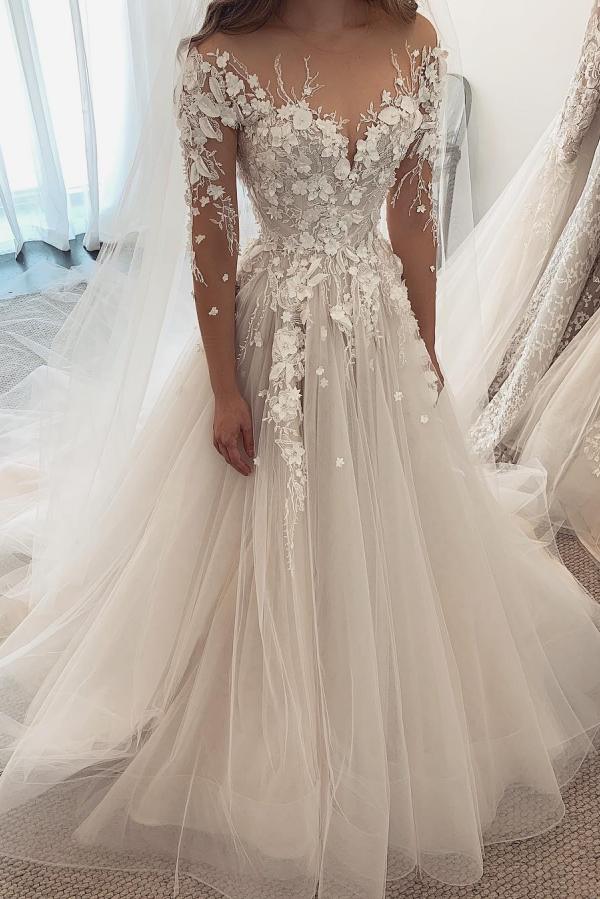A-Line Sweetheart Long Sleeve Lace Tulle Wedding Dress A-Line Sweetheart Long Sleeve Lace Tulle Wedding Dress