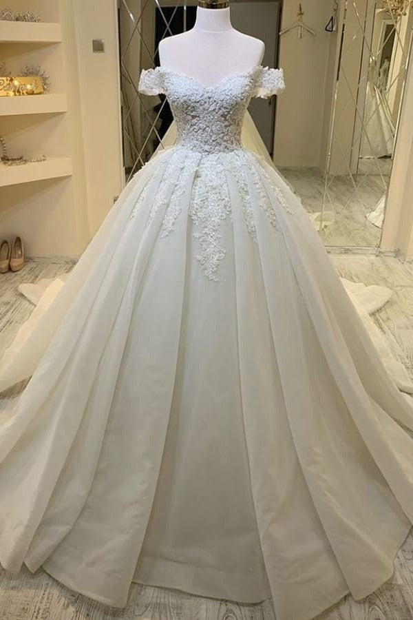 A-Line Sweetheart Off-the-Shoulder Lace Ruffles Wedding Dress