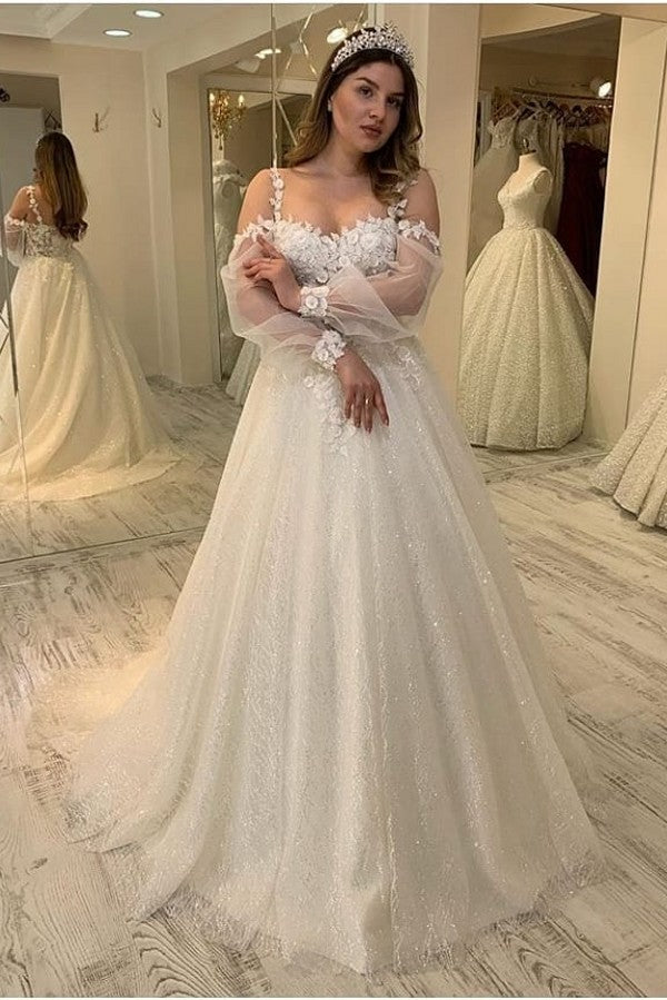 A-line Sweetheart Spaghetti Straps Glitter Wedding Dress with Sleeves A-line Sweetheart Spaghetti Straps Glitter Wedding Dress with Sleeves