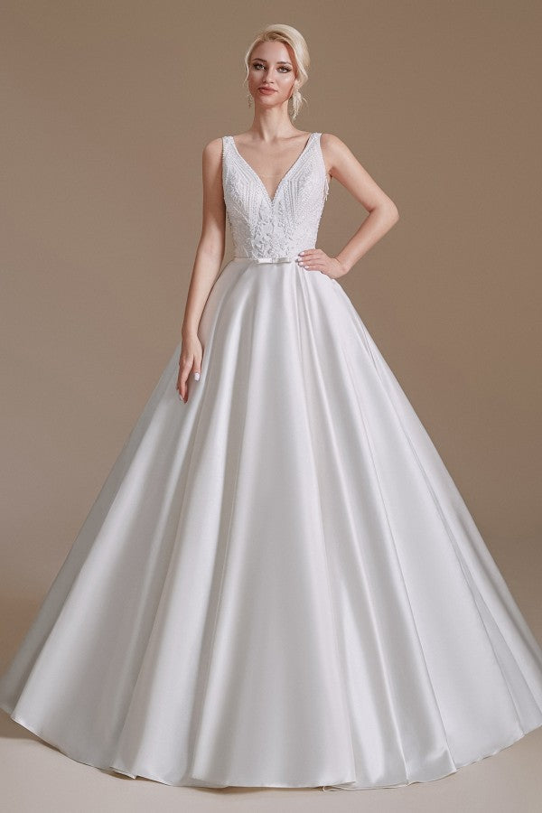 A-line V-neck Satin Wedding Dress with Appliques Lace A-line V-neck Satin Wedding Dress with Appliques Lace