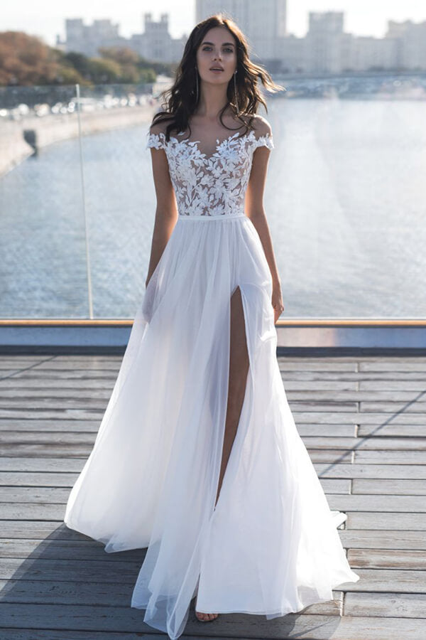 A-line Wedding Dress with Front Slit Appliques Tulle A-line Wedding Dress with Front Slit Appliques Tulle
