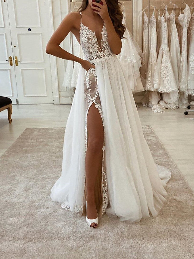 A-Line Wedding Gown with V Neck Spaghetti Strap Sweep Train Tulle Poly