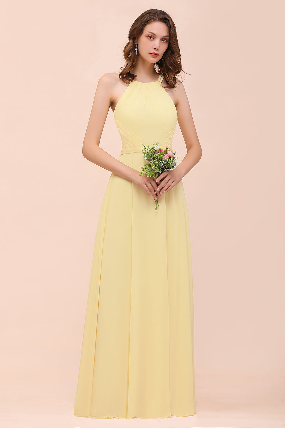 daffodil chiffon bridesmaid dresses Affordable Daffodil Chiffon Sleeveless Long Bridesmaid Dresses with Ruffle