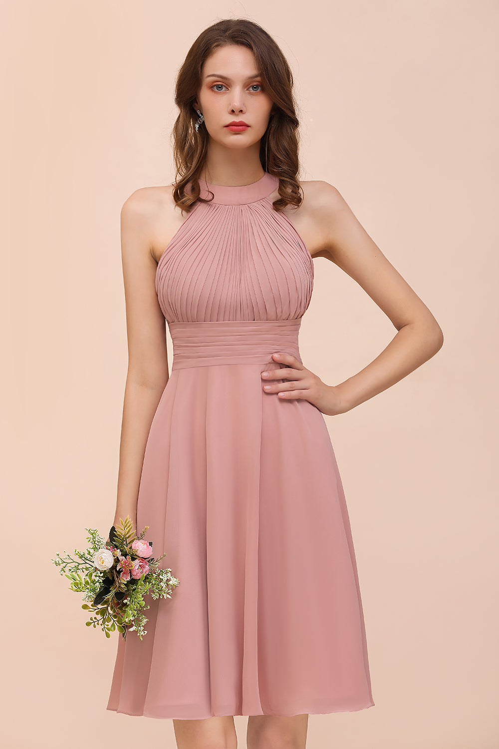 short dusty pink bridesmaid dresses Affordable Round Neck Ruffle The added slit adds