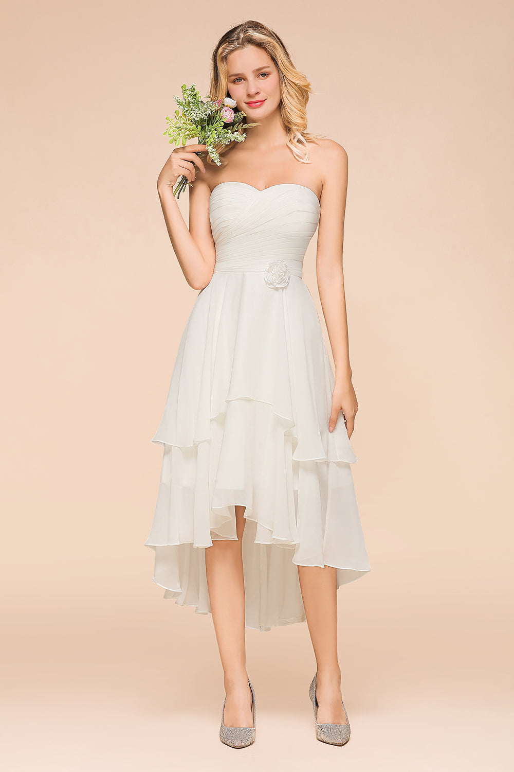 Affordable Hi-Lo Layer Ruffle Ivory Short Bridesmaid Dresses with Flower