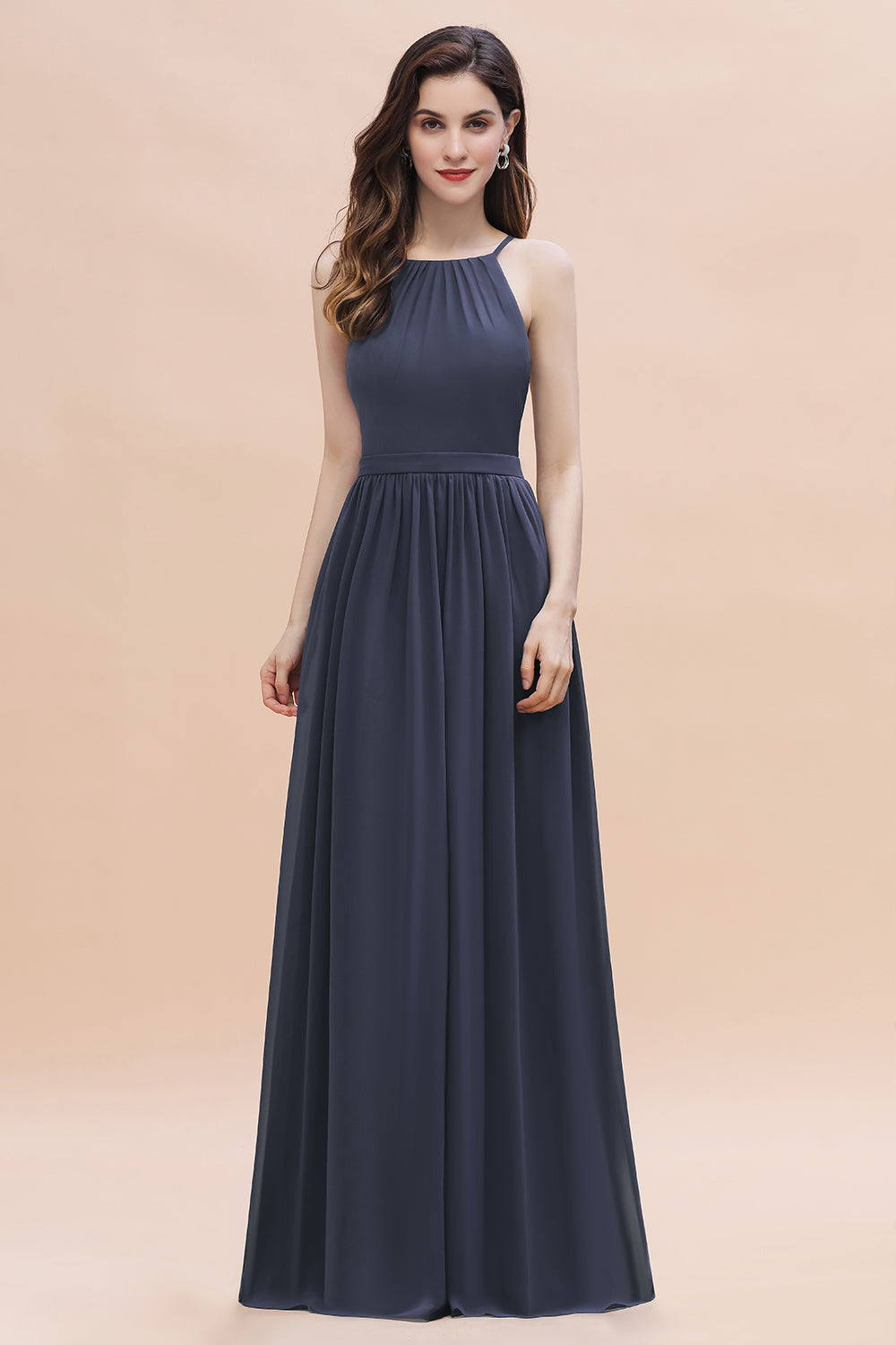 stormy blue bridesmaid dresses Affordable Jewel Sleeveless Chiffon with Ruffles such as A Zara - Ruffled Halter SCHL006450_P_XL Color:PLAID