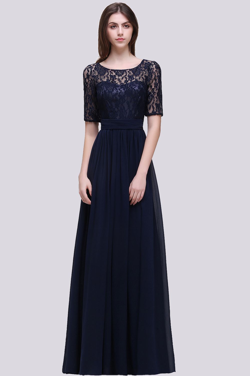 affordable lace bridesmaid dresses Affordable Lace Scoop Dark Navy Bridesmaid dresses with Half-Sleeves