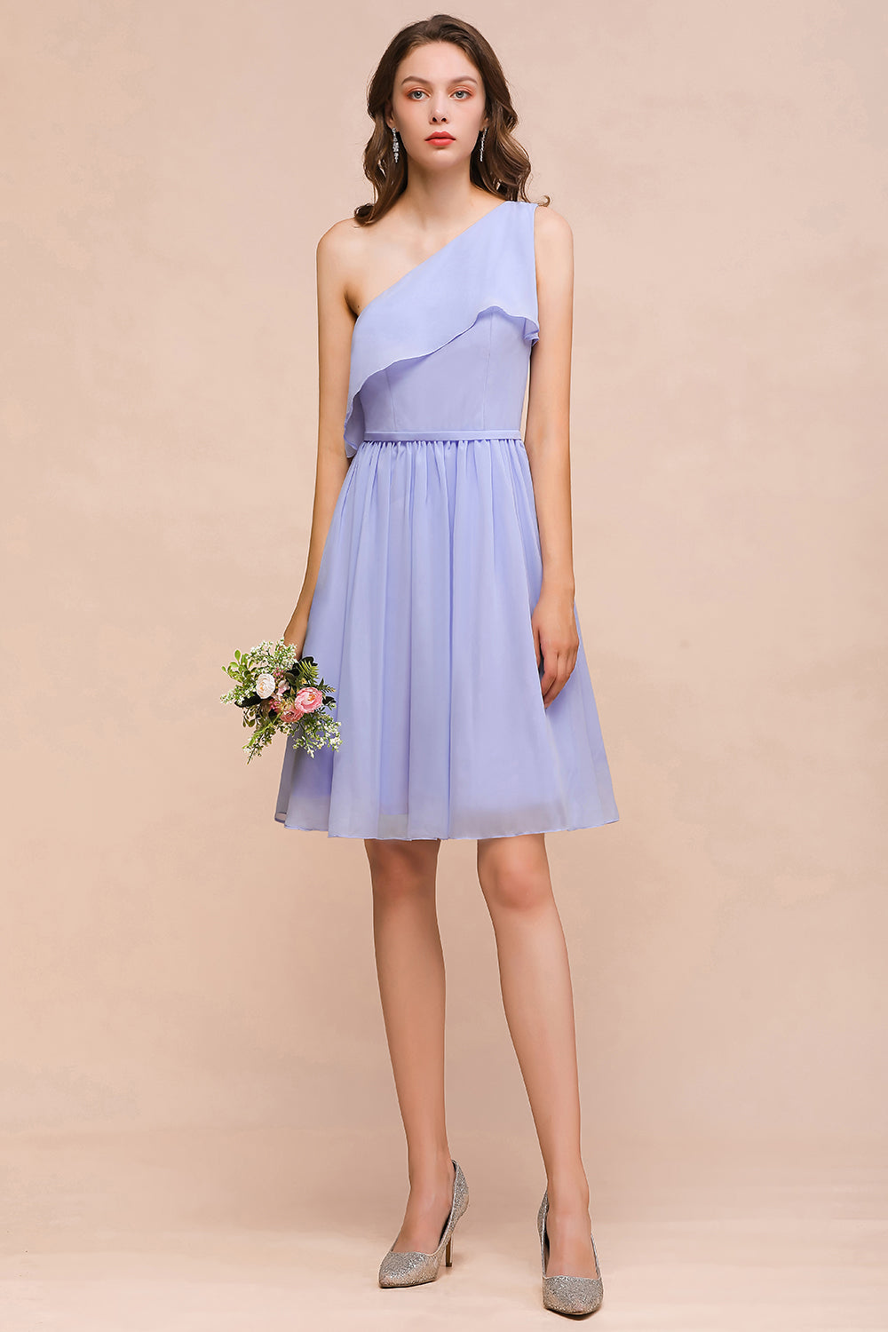 short lavender chiffon dress Affordable One Shoulder Ruffle Bridesmaid Dresses SIZE:7Y Plus Size Formal Gowns shadow check Womens Sierra Chiffon Mini