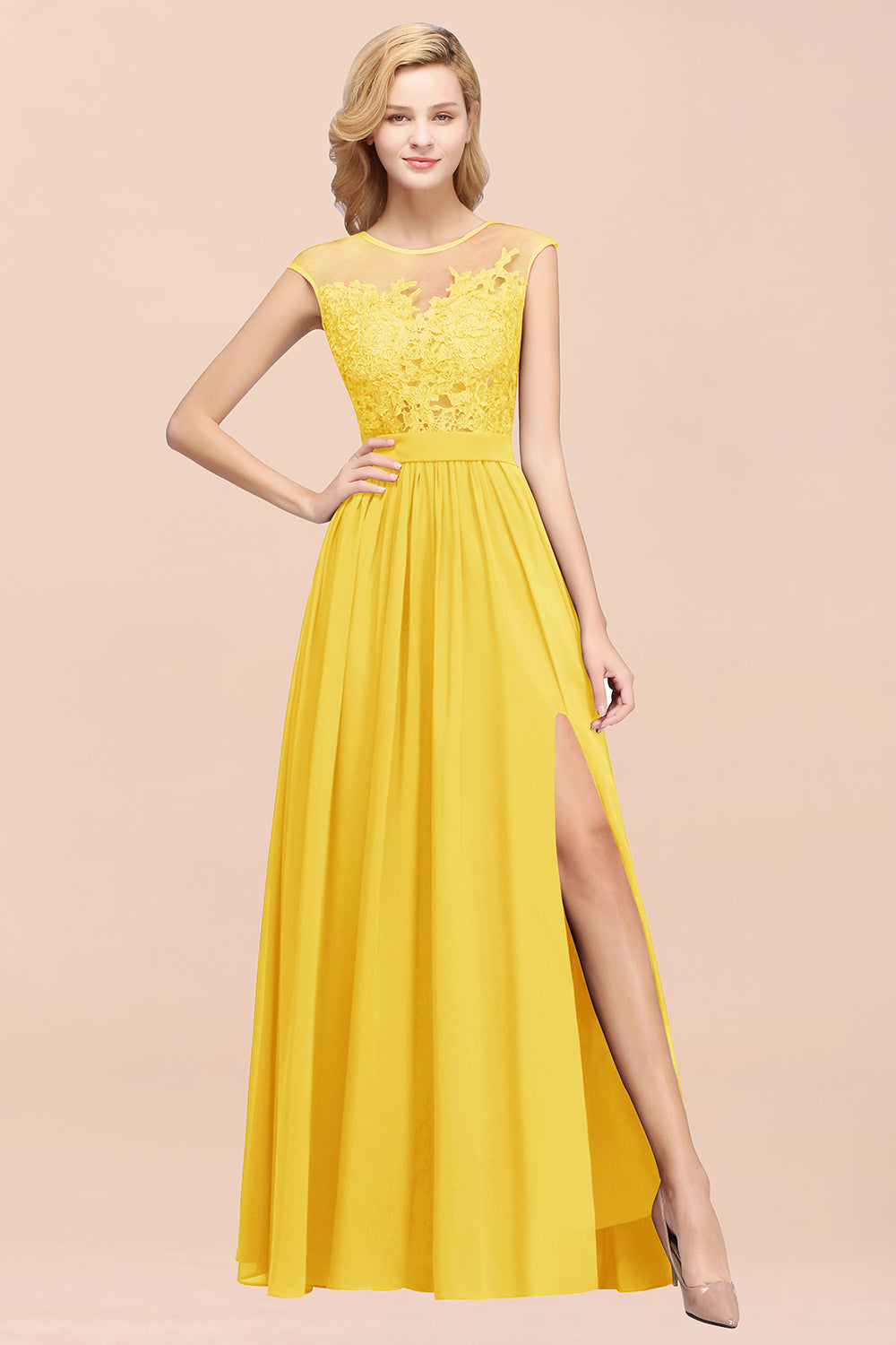 yellow lace bridesmaid dresses Affordable Scoop Appliques with Slit Romantic sweetheart lace chiffon group_summer 26 Crystal Beading on a Size:3XL / UK 18