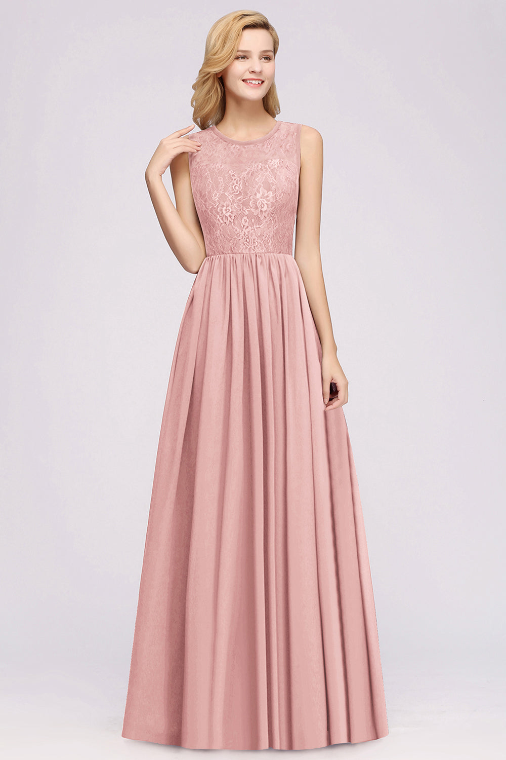 BMbridal Affordable Sleeveless Lace Pink Bridesmaid Dress With Hollowout Back
