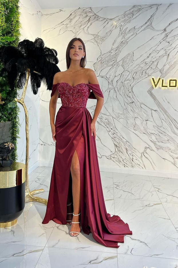 red off the shoulder sweetheart prom dress Amazing Off the Shoulder Sweetheart Formal Dress With Sequins Split