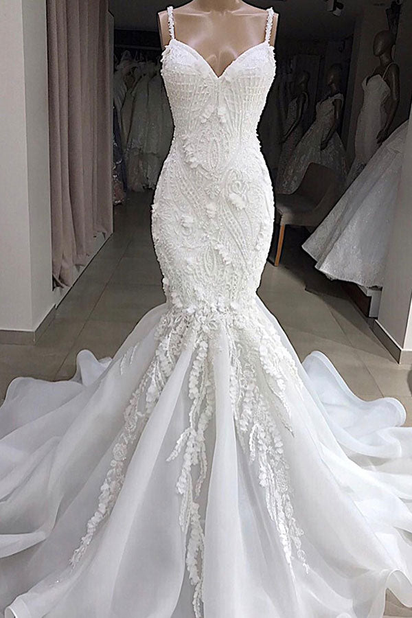 Appliques Mermaid Wedding Dress with Spaghetti Straps
