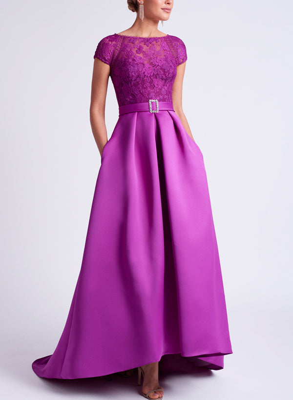 Asymmetrical A-Line Mother of the Bride Dress with Scoop Neck and Short  Sleeves