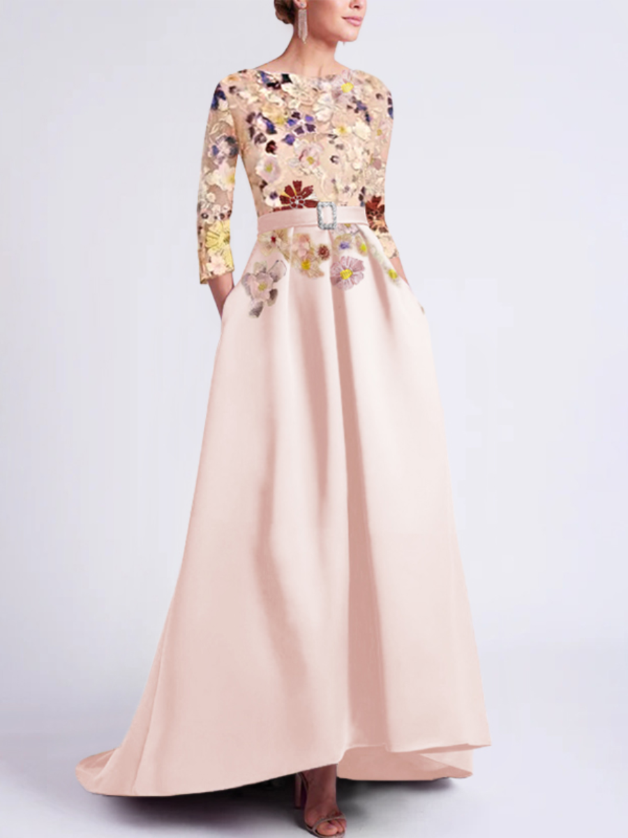 Asymmetrical A-Line Princess Scoop Mother of the Bride Dress with 3/4  Sleeves and Lace Appliques