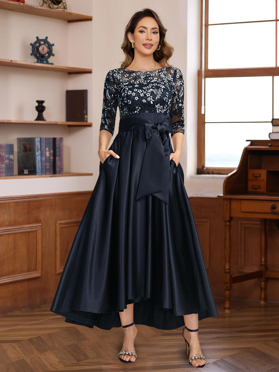 Asymmetrical Lace A-Line Dress with 3/4 Sleeves Appliques & Bow Belt for  Mother of the Bride or Groom