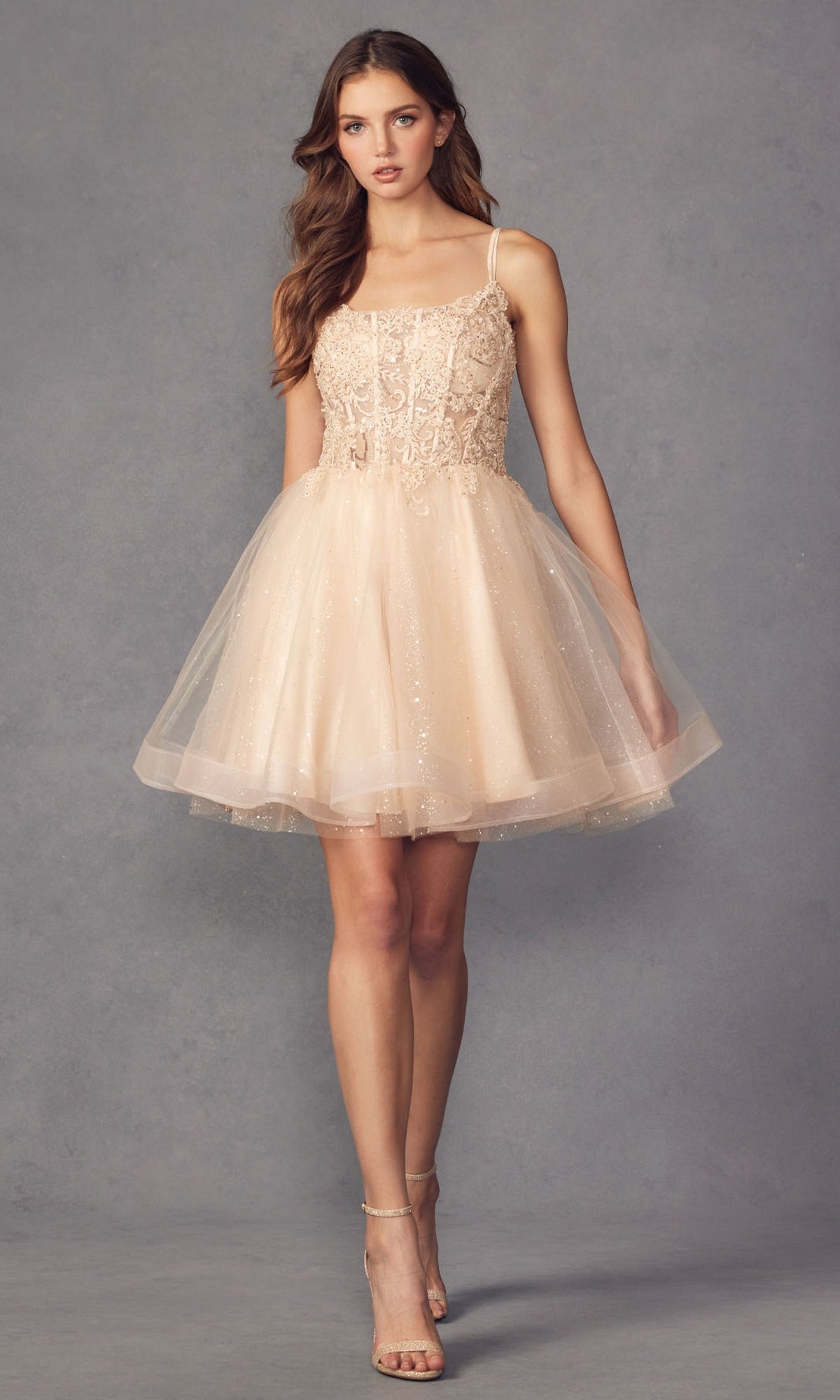 knee length champagne cocktail dress Attractive Champagne Spaghetti Strap Applique Knee Length Formal Dress